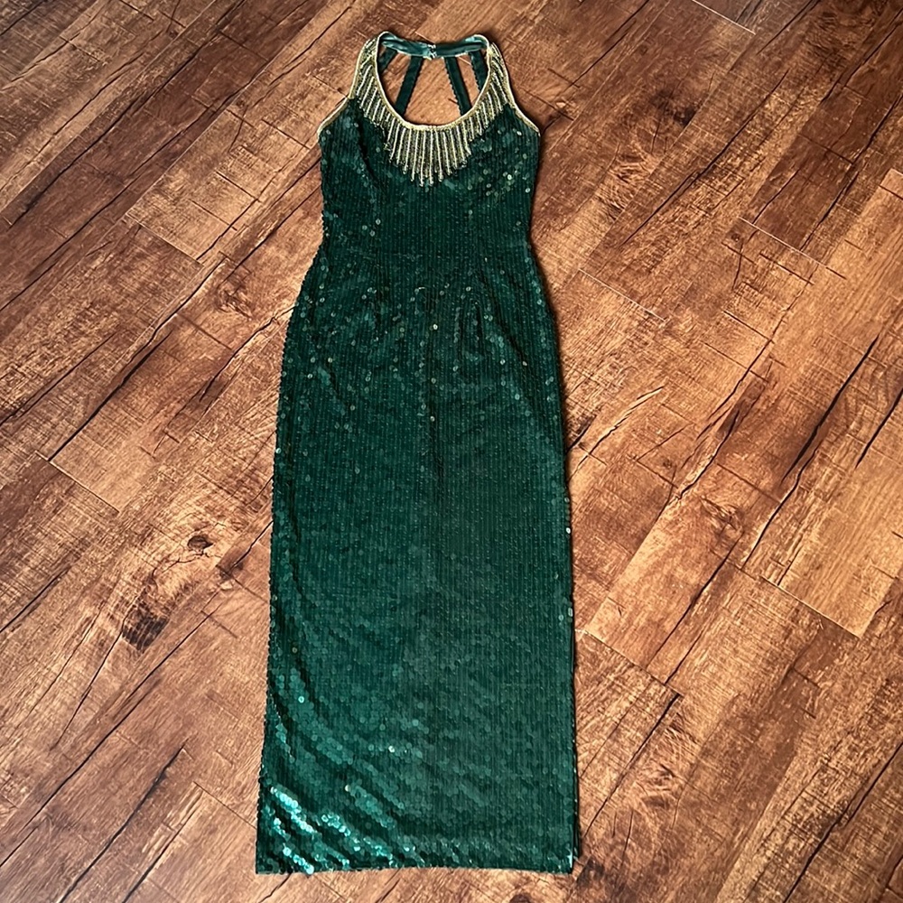 Vintage Niteline Della Roufogali sequin dress gown with slit green gold beaded